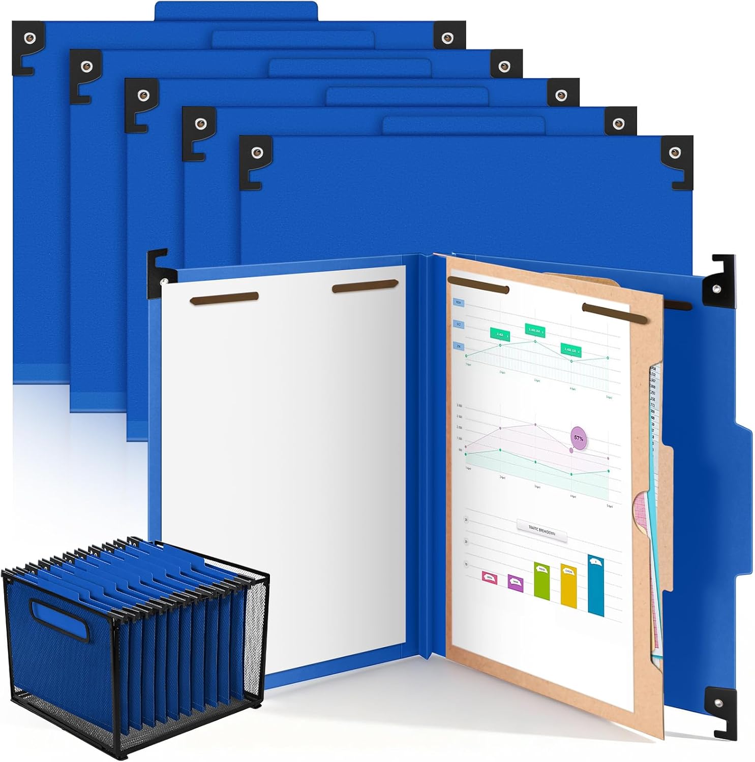 10 Pack Hanging Pressboard Classification Folders, 1 Pocket Dividers, Letter Size, 4 Fasteners, 2" Expansion, 1/3 Tab Cut, Recycled Manila File Folder Bulk Organizers for School Office Medical Law