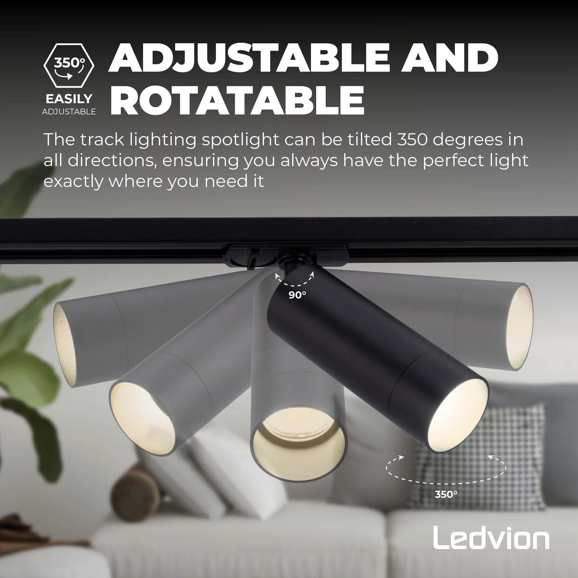 Ledvion - Système d’éclairage LED monophasé, 1m, Rail Monophasé, sans ampoule GU10, Noir, 3 spots GU10 orientables, luminaire plafonnier, spot plafond, rail led, plafonnier moderne design