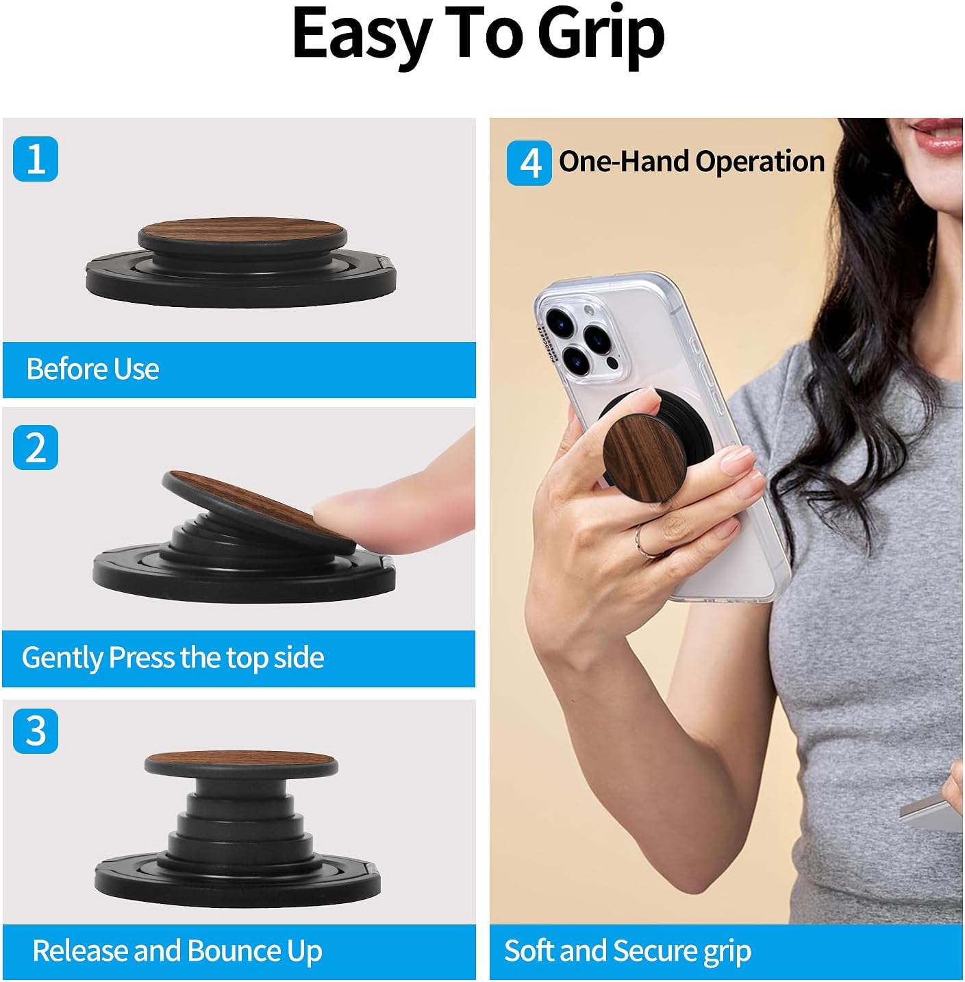 Cell Phone Grip for with Kickstand, Secure Hold for iPhone Cases, Adjustable Foldable Desktop Phone Holder Cradle Dock Compatible (Walnut Wood)