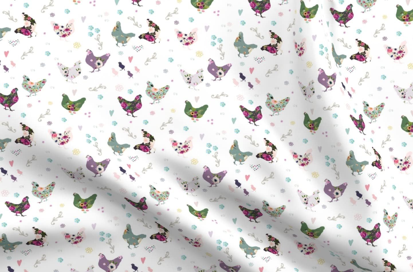 Spoonflower Fabric - Patchwork Pink Floral Flowers Country Hen Chicken Shabby Chic Printed on Organic Cotton Sateen Fabric by The Yard - Sewing Quilting Apparel Home Decor
