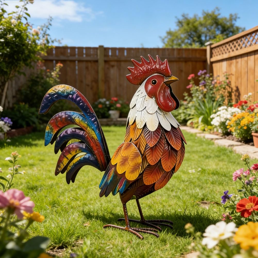 JOYWU Metal Rooster Yard Decor,32 x 25cm Outdoor Garden Chicken Statue,Colorful Rooster Decor Yard Statue Decoration for Patio, Backyrad, Law and Tabletop,Chicken Yard Decorations (orange)
