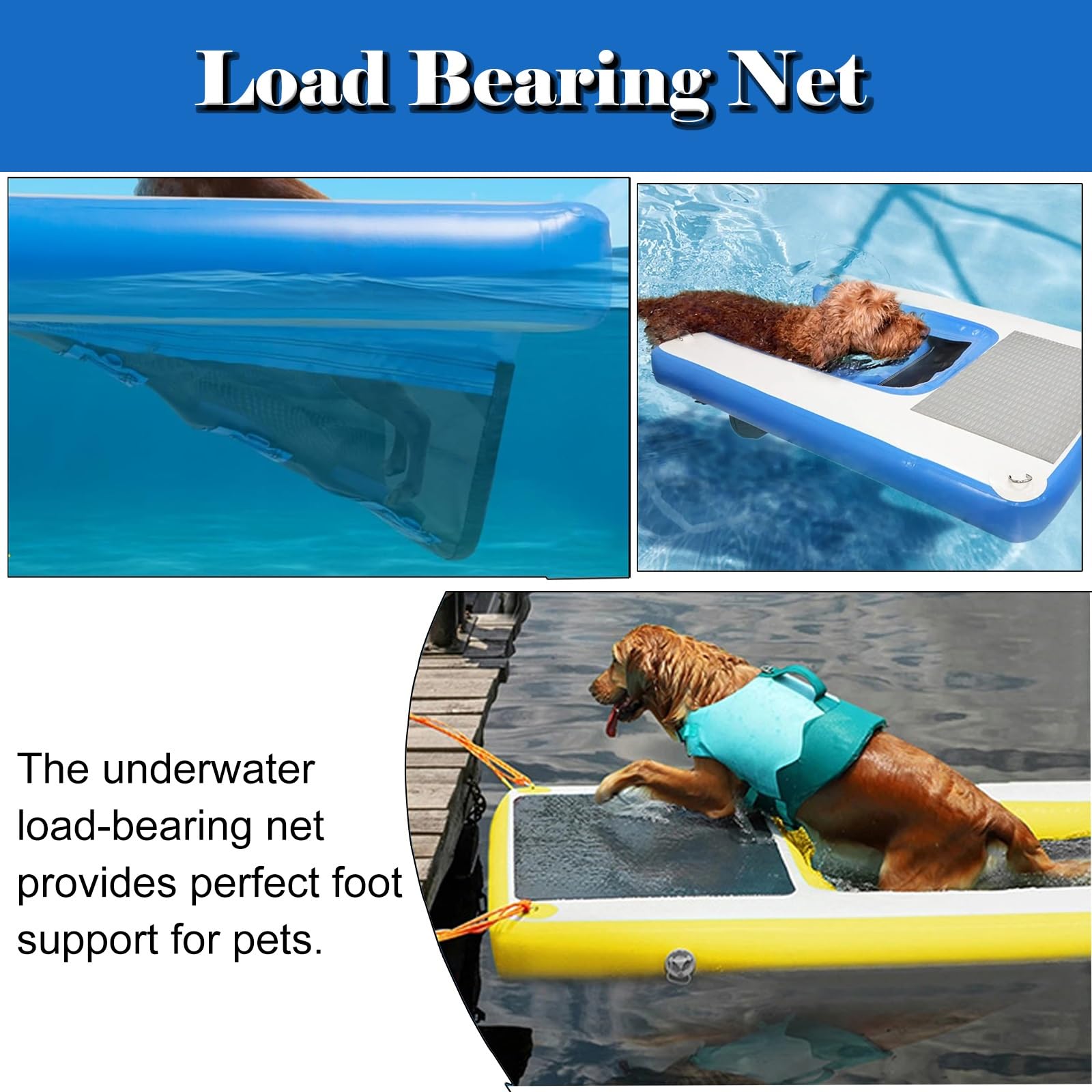 Escalera antideslizante para perros en piscina Plataforma de agua inflable para mascotas de hasta 105 kg, rampa de piscina de seguridad para perros con bomba, bolsa de almacenamiento, cuerda y kit de