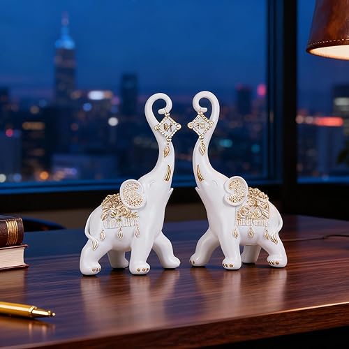 Miniatura 7 de Estatuas de elefante blanco para decoración del hogar, un par de estatuas de elefante de la suerte blancas y esculturas decorativas para la sala,
