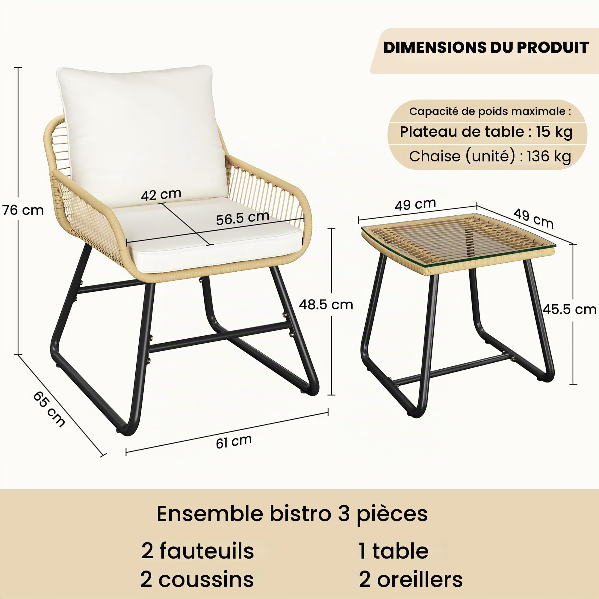 Yaheetch - Ensemble de 3 Meubles de bistrot en polyrotin avec 2 chaises - Petit Balcon, Salon de Jardin, extérieur, Marron Clair et Blanc crème