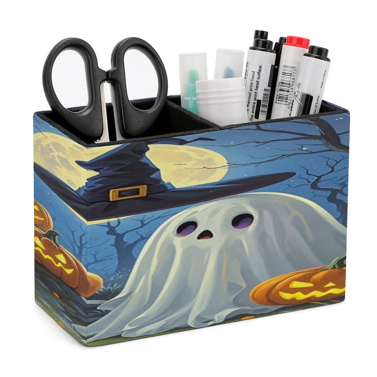 VstaDank Ghost Painting Pencil Holder for Desk Organizer 2 Compartments Pen Cup Leather Square Pen Holder Pencil Cup Stand Makeup Brush Holders for Desktop Organizer Storage Case