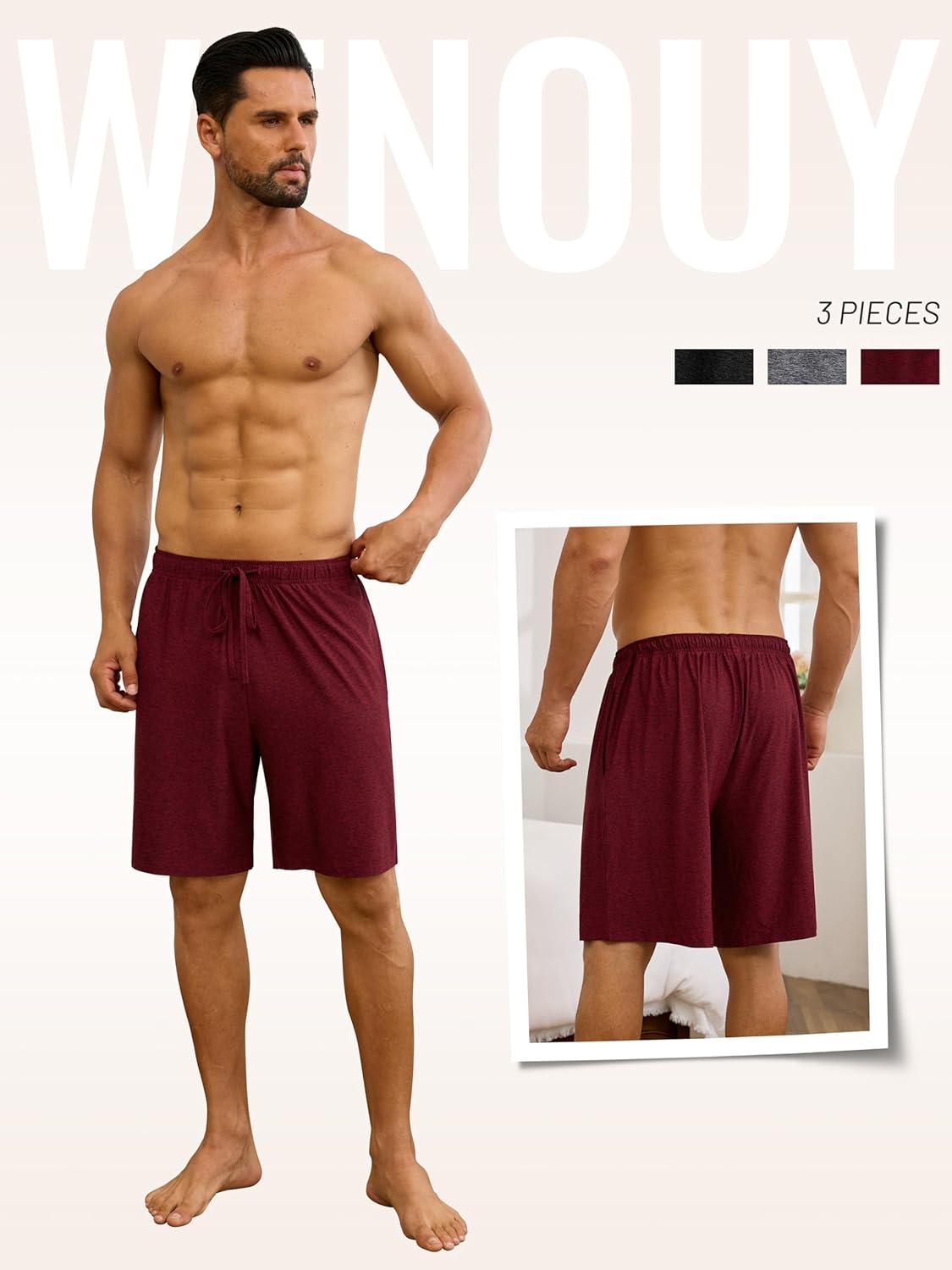 3 Pack Mens Pajama Shorts, Soft Sleep Shorts with Pockets Elastic Waist Drawstring Lounge Dry Fit Sleepwear Bottoms - Image 3