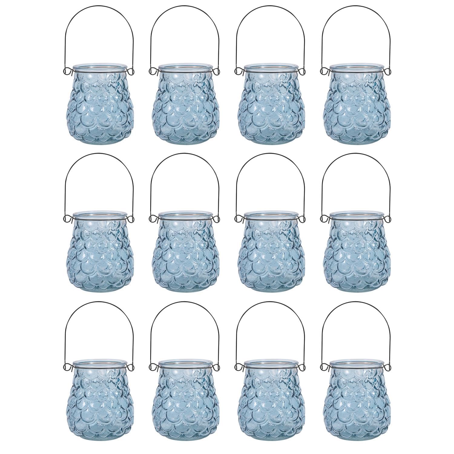 YöL Pack of 12 Embossed Glass Hanging Tea Light Candle Holders Summer Garden Table Decor Votive Jars