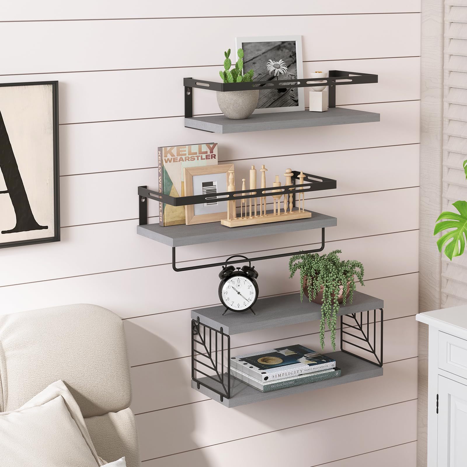 Fixwal 3+1 Tier Wall Mounted Bathroom Shelves Over Toilet, Rustic Wood Floating Shelves with Metal Frame and Towel Bar for Bathroom, Kitchen, Bedroom, Living Room (Gray)