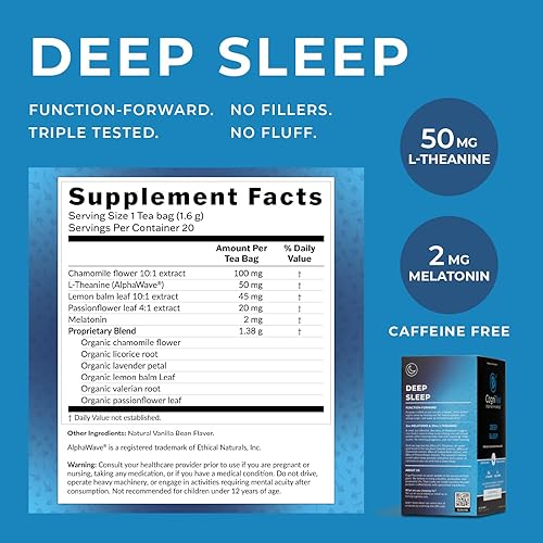 Miniatura 3 de Té Deep Sleep de 2 mg de melatonina y 50 mg de L-teanina para un sueño profundo con valeriana, manzanilla, bálsamo de limón y flor de la pasión, té