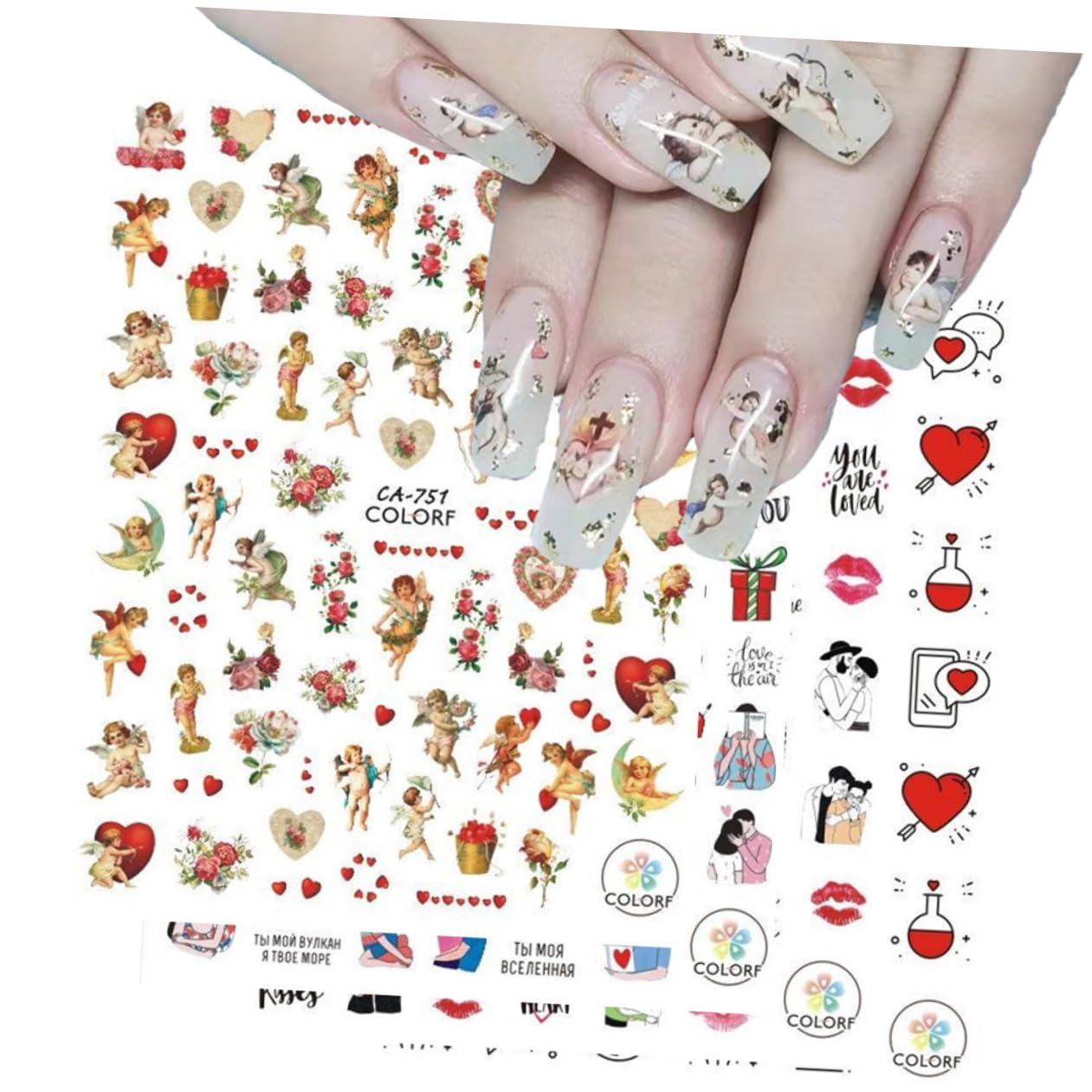 ABOOFAN 45hojas Pegatinas Adhesivas De Uñas Para San Valentín Diseños De Cupido y Rosas Fácil Aplicación Para Manicura