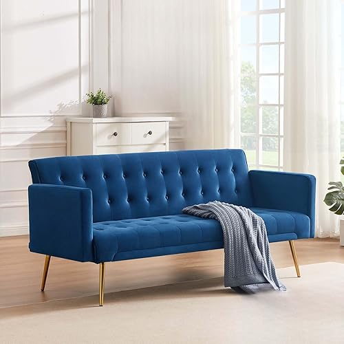 Mdhitsox Moderno sofá cama futón de terciopelo, sofá cama convertible con patas de metal, respaldo ajustable tapizado, asiento reclinable copetudo