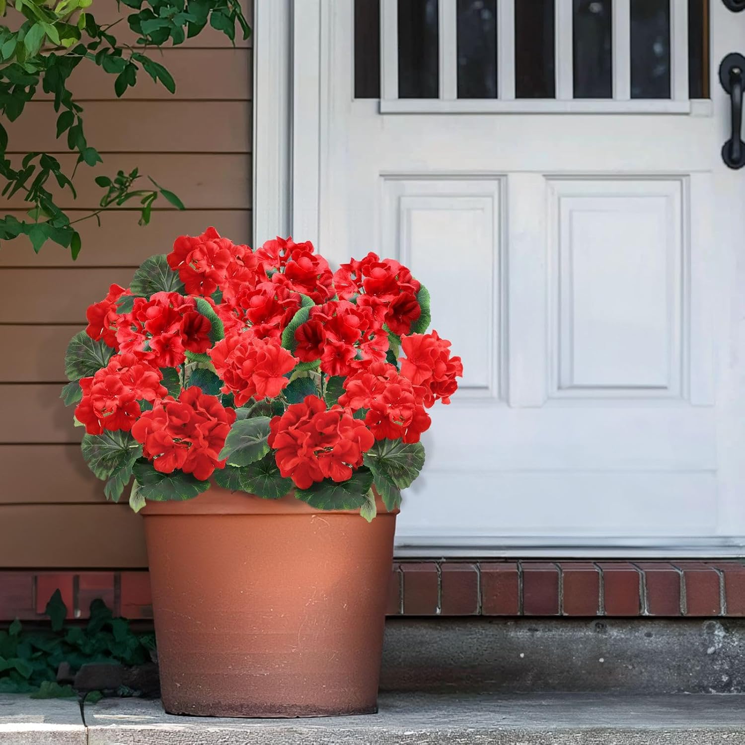TURNMEON 2 Pack Artificial Geraniums Fake Flowers for Outdoors Summer Decoration, Silk Geraniums Red Flowers UV Resistant Faux Flower Potted Plants for Gardens Farmhouse Indoor Home Table Decor (Red)