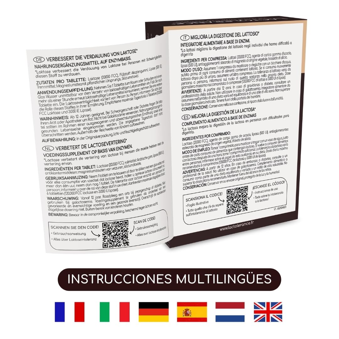 LACTOLERANCE ULTRA - Alta concentración de lactasa (20.000 FCC) y lipasa (500 UI) - Doble acción para la digestión de lactosa y grasas - Envase de 36 comprimidos - Fabricado en Francia