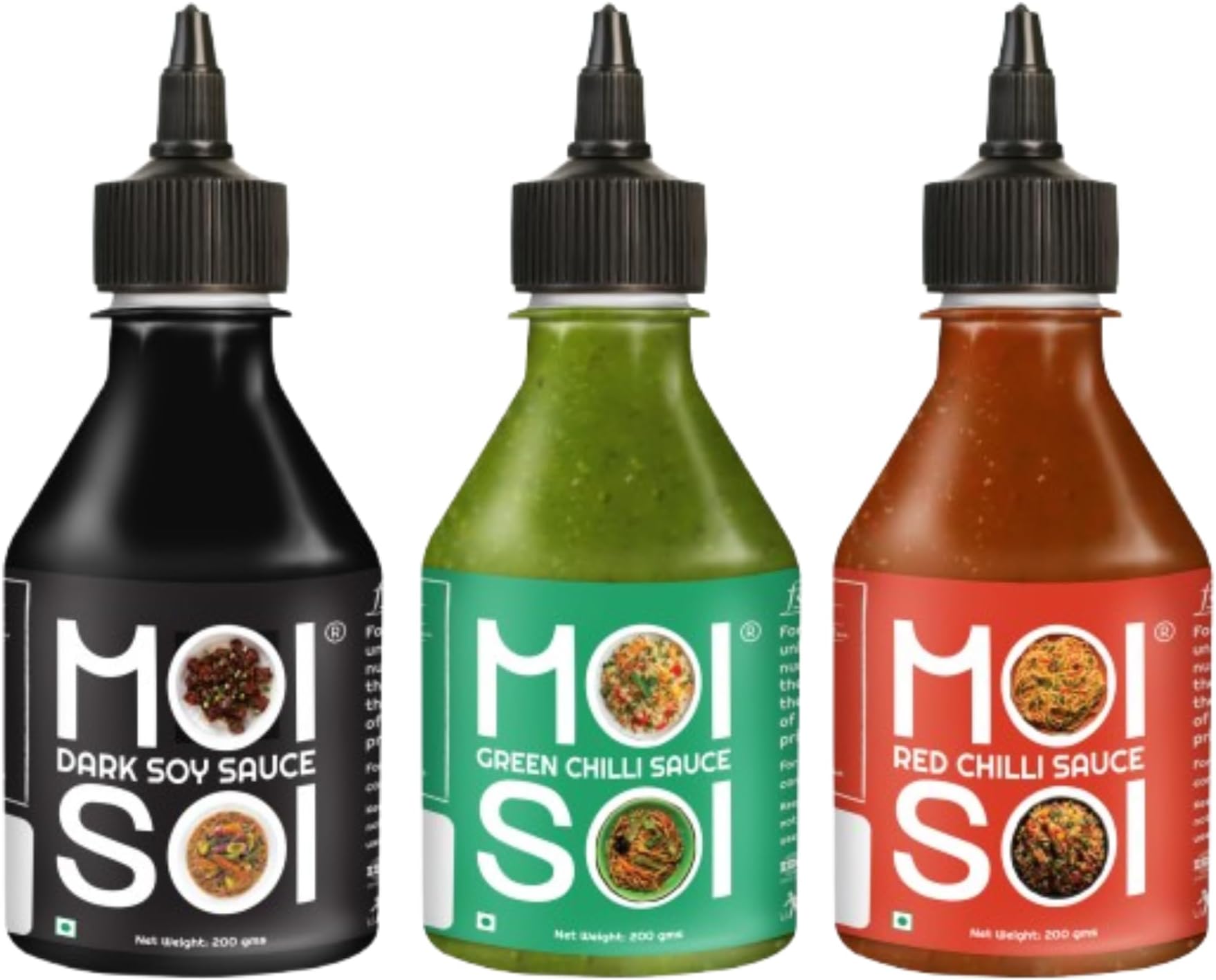 MOI SOI Dark Soy Sauce + Green Chilli Sauce + Red Chilli Sauce (Pack of 3 | 200g Each | Chinese starter Pack)