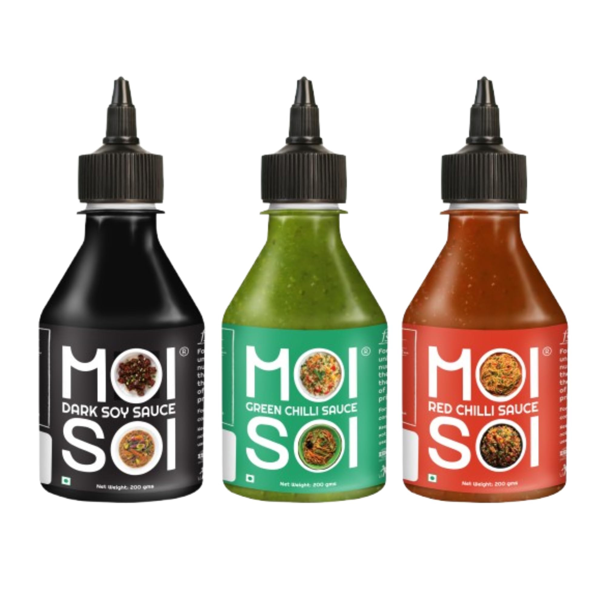 MOI SOI Dark Soy Sauce + Green Chilli Sauce + Red Chilli Sauce (Pack of 3 | 200g Each | Chinese starter Pack)