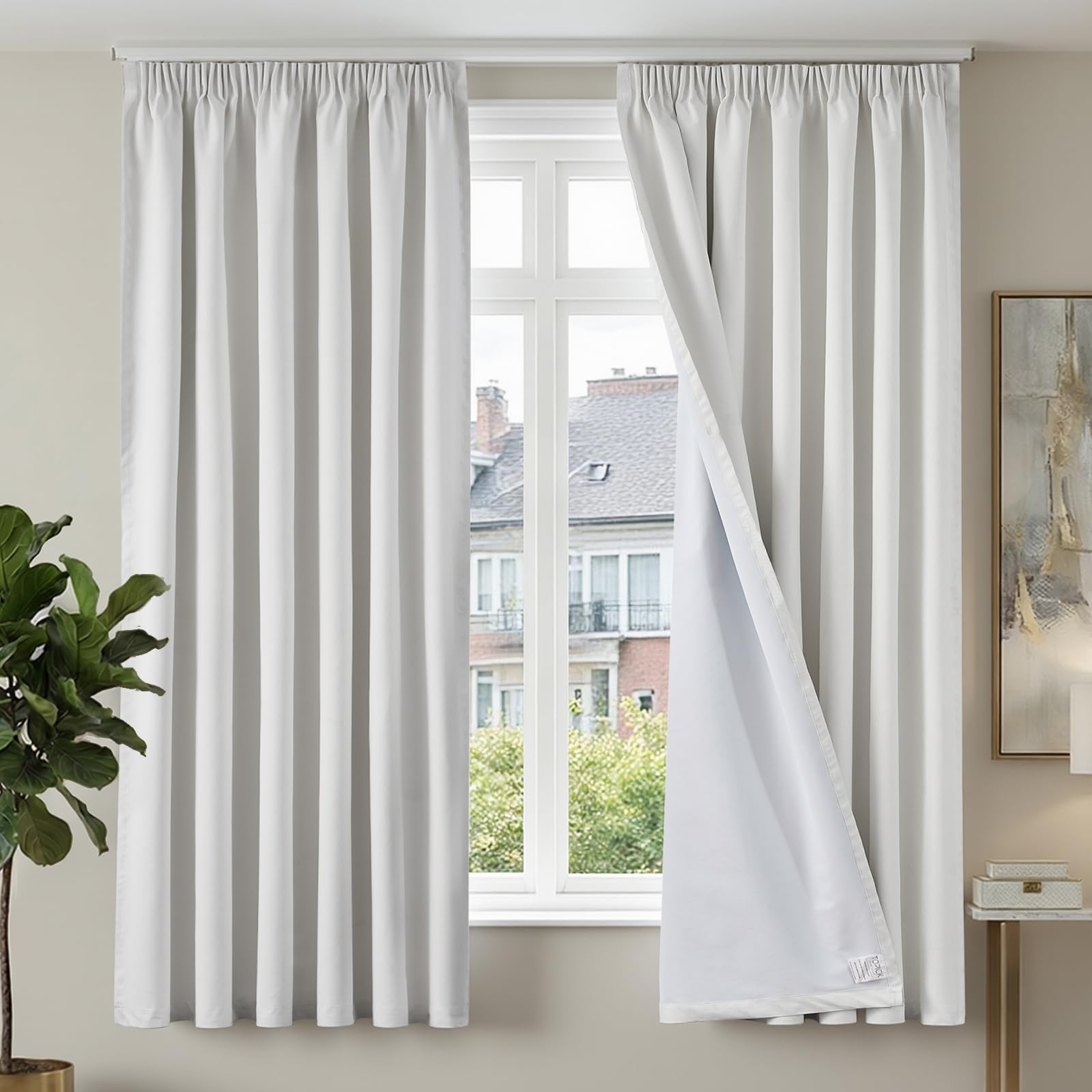 TOPICK Cortinas opacas con cinta fruncida, 100 % opacas, cortina térmica, 220 x 140 cm, cortinas para salón, dormitorio, aspecto de lino, estilo rústico, juego de 2 unidades, color blanco