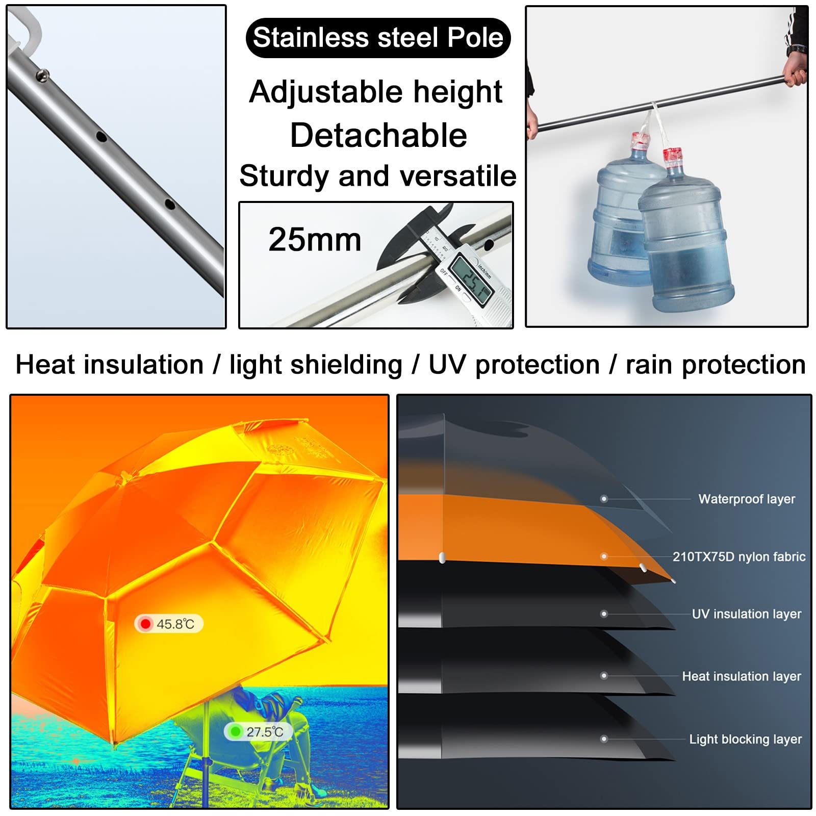 LIGUOYI Zewnętrzny parasol wędkarski parasol wędkarski, 18 m, okrągły przechylany UPF50+, przenośny parasol plażowy z kotwicą piaskową i torbą do przenoszenia, schronienie parasolowe ze stali nierdzewnej, Piasek, 200cm(6.5Ft)