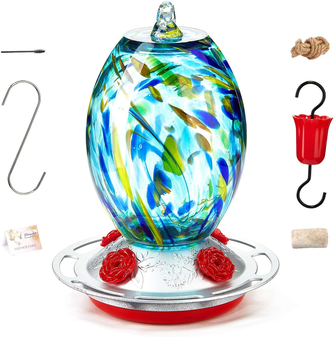 ShinyArt Hummingbird Feeder for Outdoors, Hand Blown Glass, 25 Ounces, Green Starry Night, Including Ant Moat, S Hook, Hemp Rope, Brush, Cleaning Rag and Service Card
