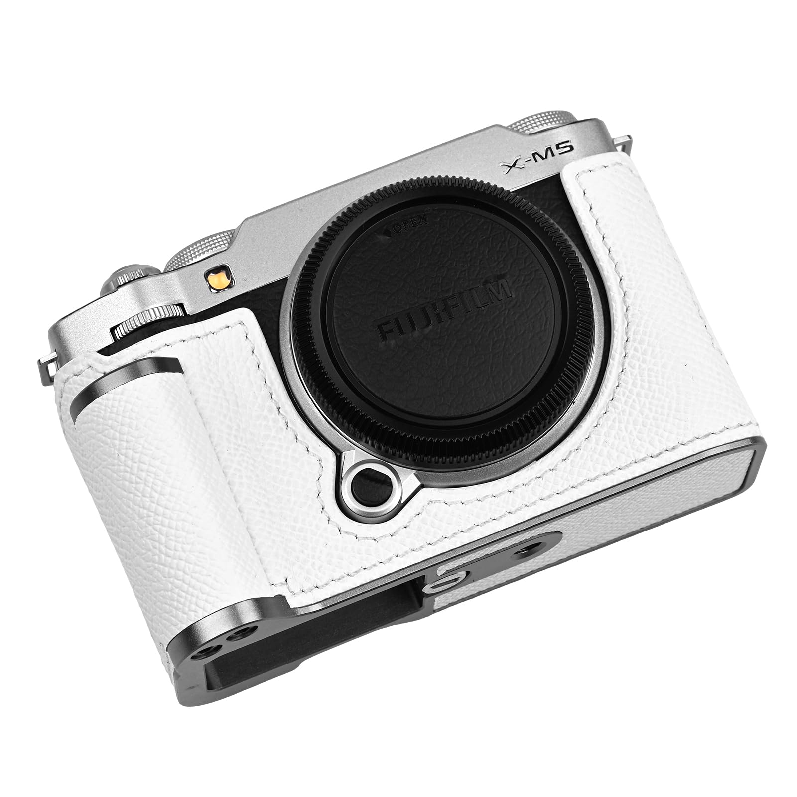 Uchandmade Handmade Genuine Leather Camera Half Case for Fujifilm X-M5/Fujifilm X-M5 Camera Case/Fujifilm X-M5 Case - Top Layer Cowhide Body + Metal Base Plate+ Hand Shank Design (White)