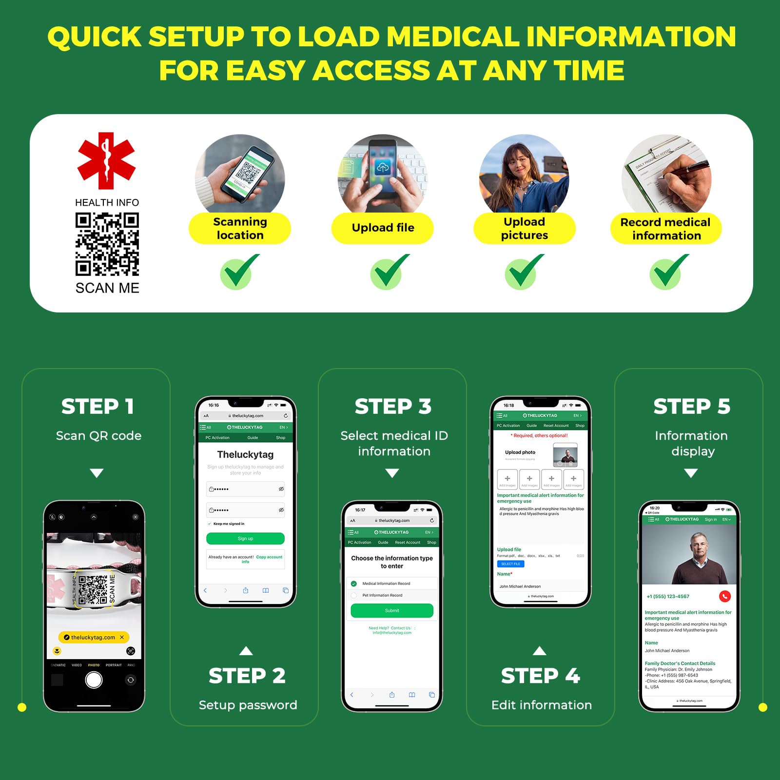 Collar de alerta médica para hombres y mujeres, collar médico | Pulsera de nailon impermeable para muñecas de hasta 7 pulgadas. Ahorra más espacio y actualiza la información de alerta de