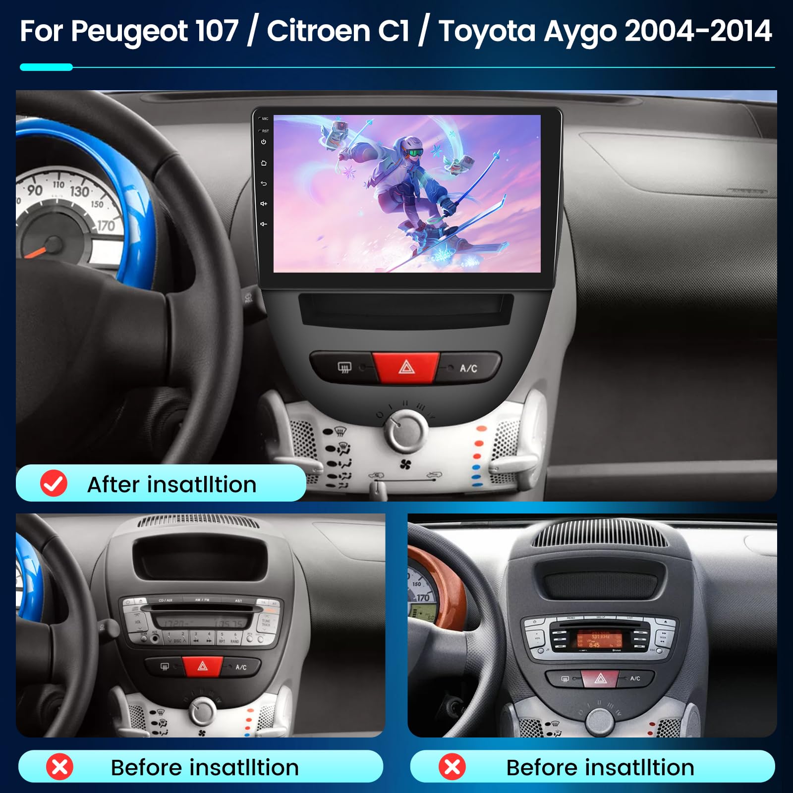 NHOPEEW 8 core 6+128G Autoradio per Peugeot 107 / Citroen C1 / Toyota Aygo 2004-2014 - Autoradio Android da 10,1 pollici con Carplay e Android Auto, WiFi, GPS, DSP FM RDS + telecamera di retromarcia