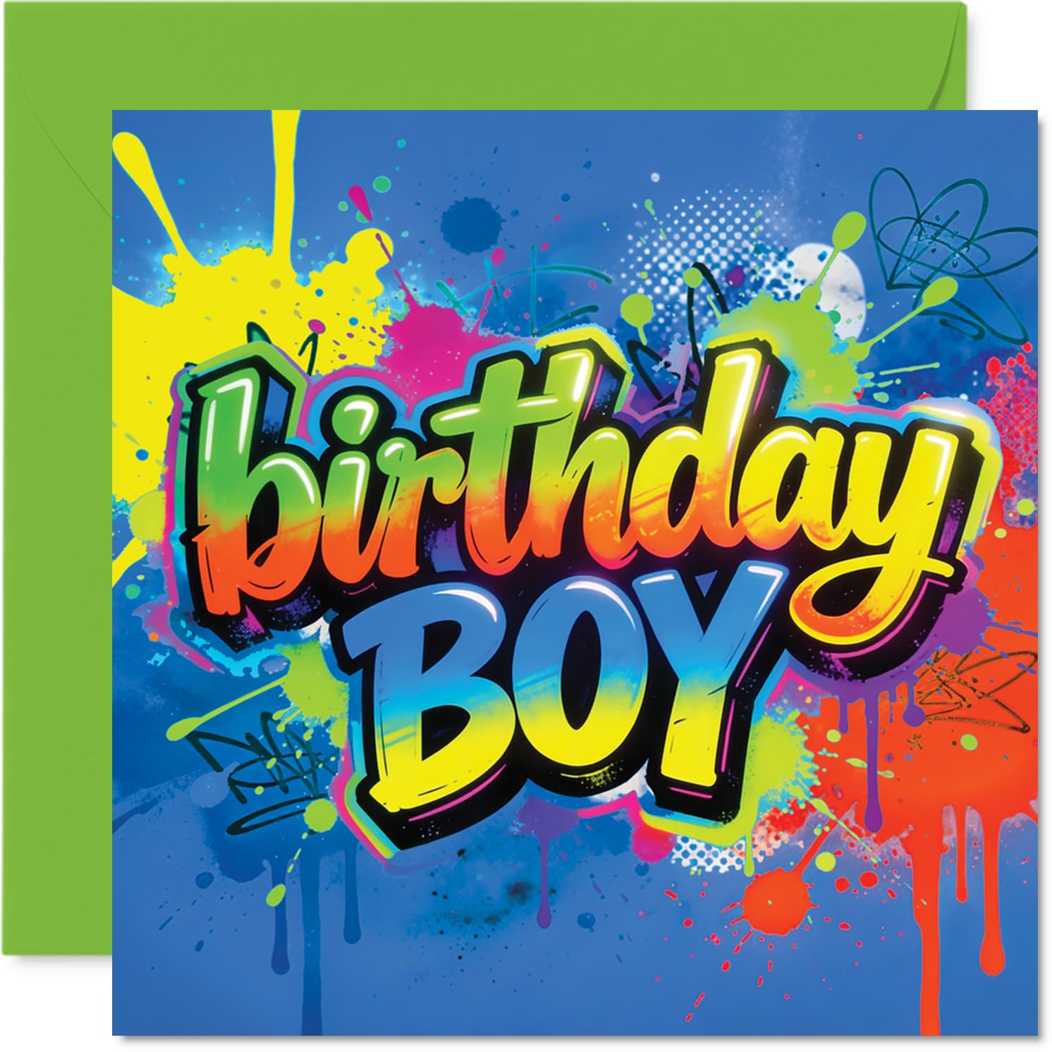 Playful Birthday Card - Bursting with Colour and Energy - Vibrant Graffiti-style 'Birthday BOY' Design - 145mm Square, Envelope Included