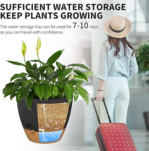 Miniatura 6 de Macetas de riego automático de plástico de 12109 pulgadas con agujeros de drenaje y borde de riego para plantas de interior y exterior (paquete de