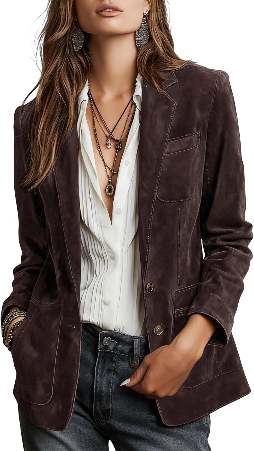 chouyatou Women Retro Faux Suede Leather Blazer Jacket Business Casual