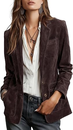 chouyatou Women Retro Faux Suede Leather Blazer Jacket Business Casual