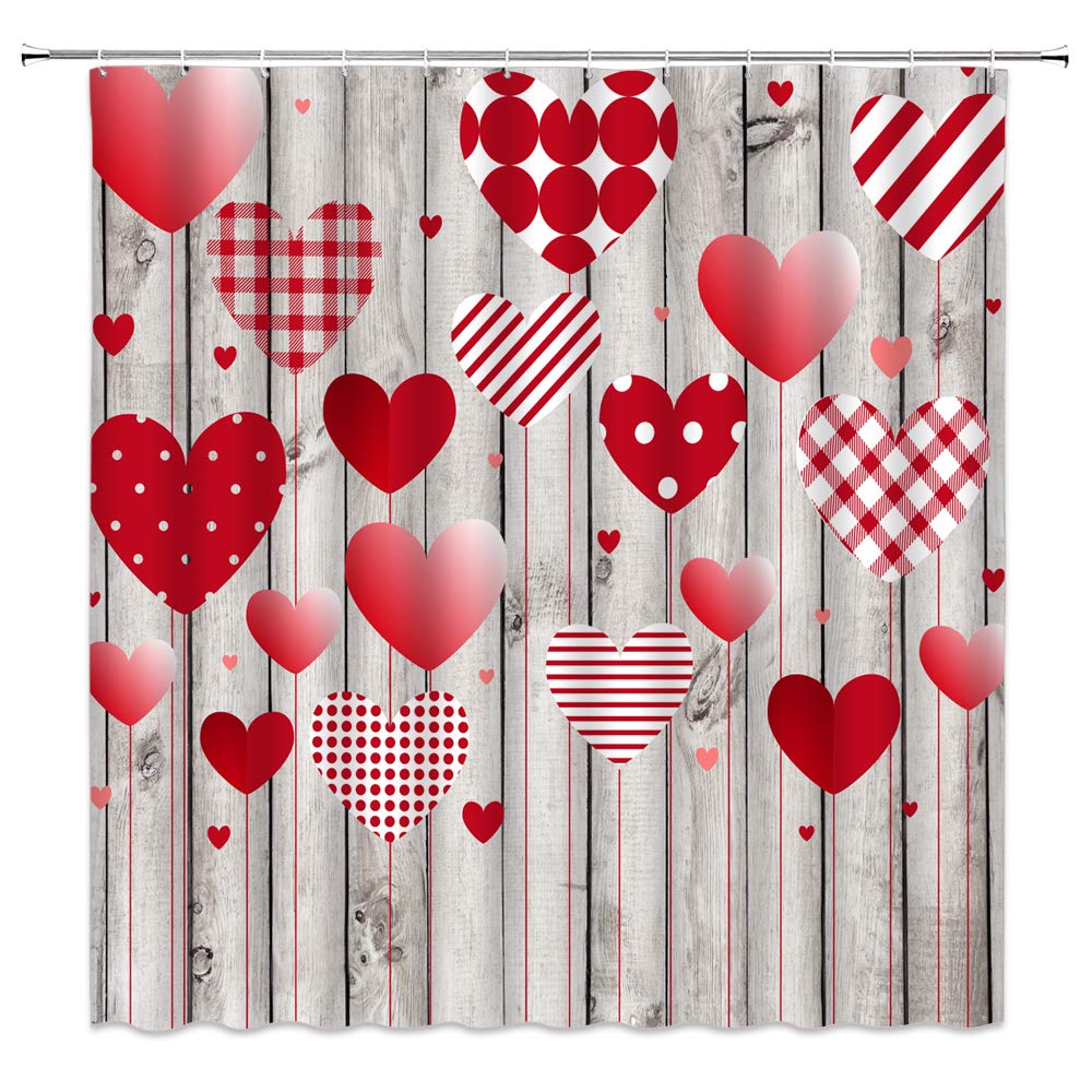 Sunhe Rustic Heart Shower Curtain, Creative Heart Balloon with Plaid Stripe Polka Dot Geometric Vintage Wooden Board Modern Fabric Bathroom Decor Sets with 12 Hooks,71X71 Inchs,Red Gray โ image 1