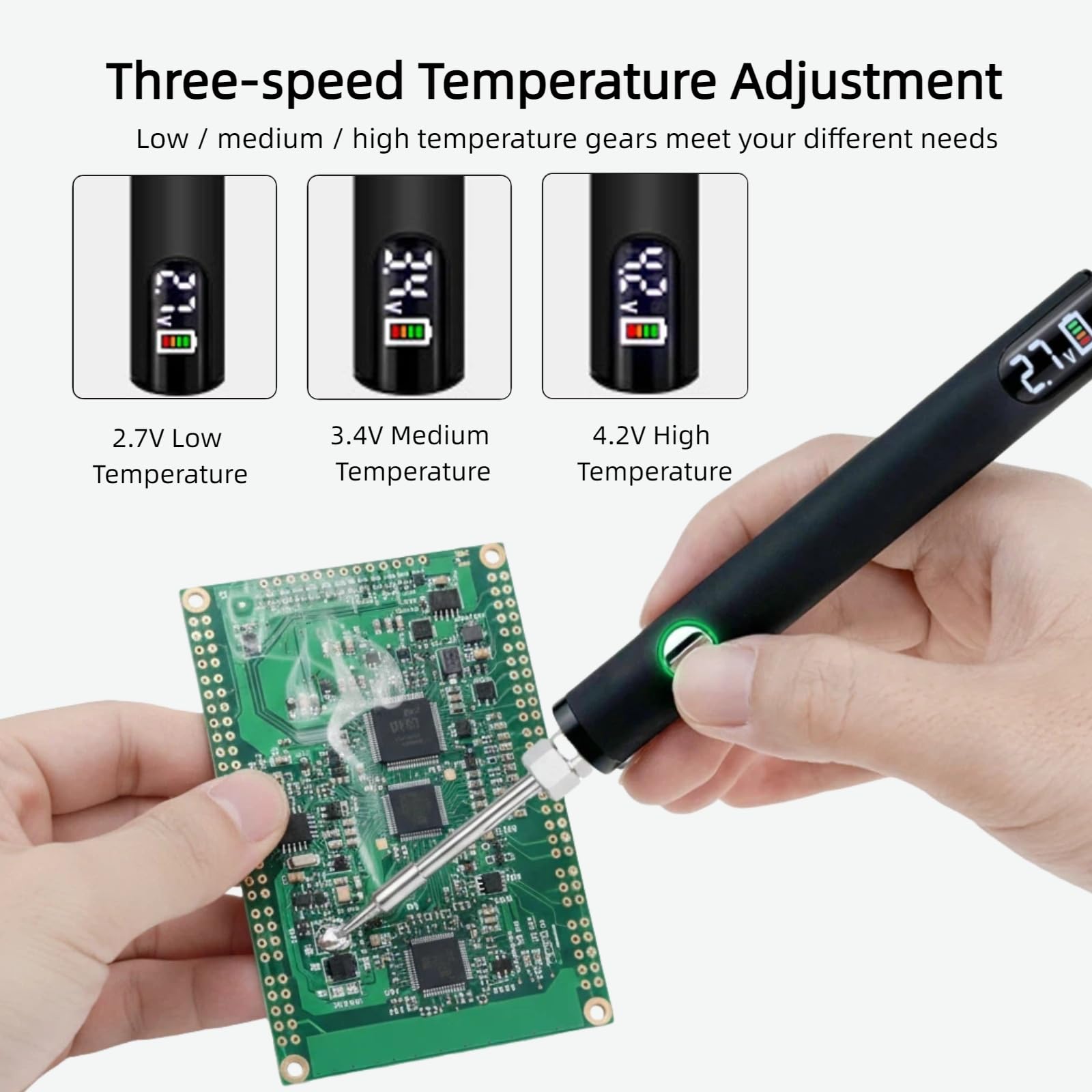 Pluma de soldadura inalámbrica recargable por USB de 650 mAh, soldador roscado universal con voltaje ajustable y pantalla LED, kit de soldadura portátil para reparación de electrodomésticos (negro)
