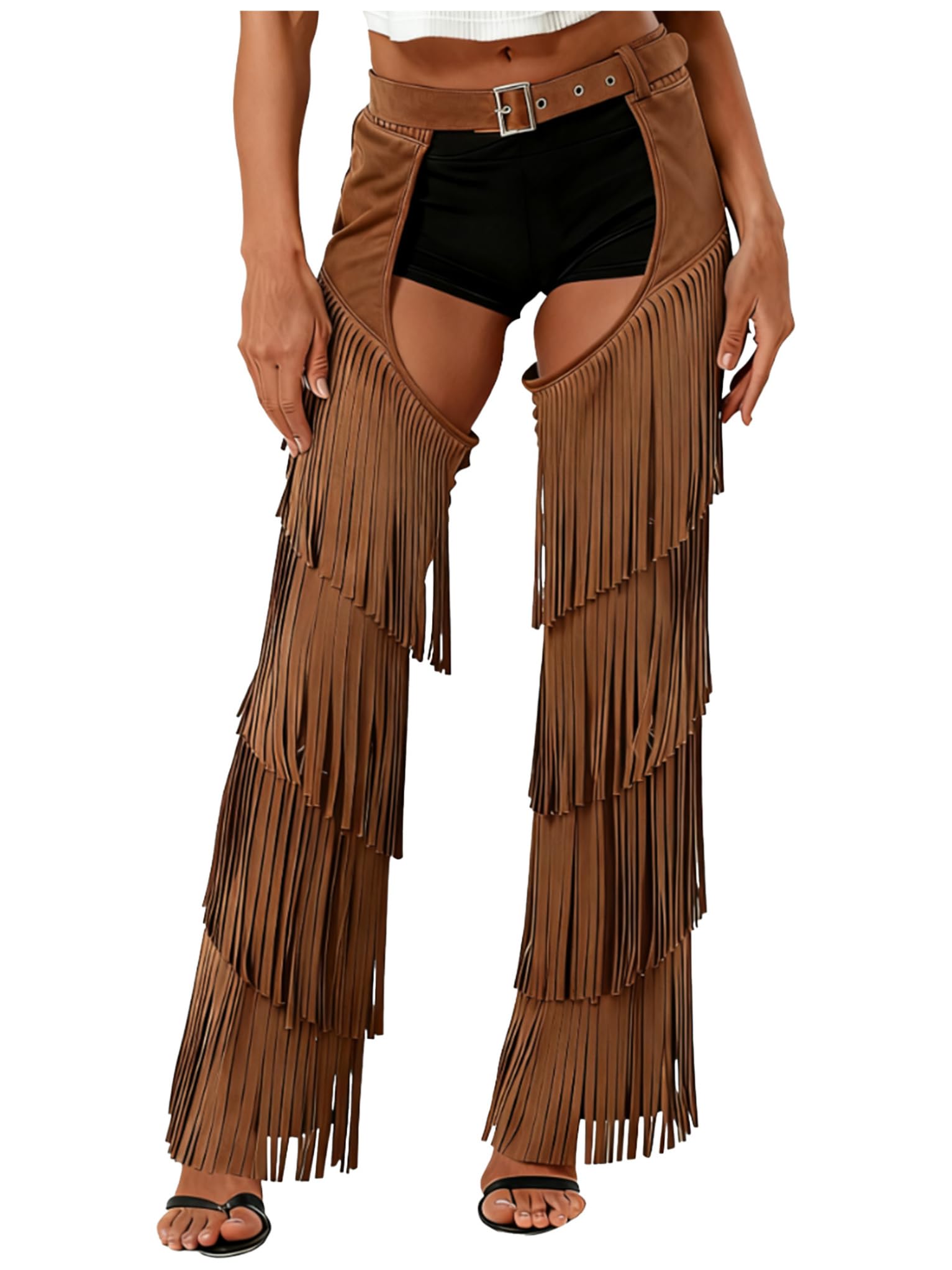 Zaldita Women's Tassels Cowboy Chaps Cowgirls Fringe Hollow Out Chaps Trousers for Halloween Party Dark Brown L