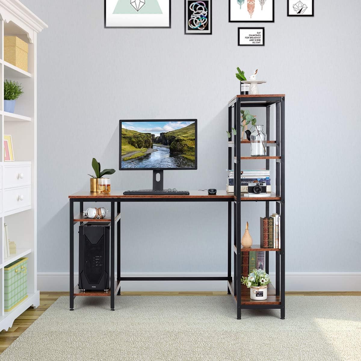 Home Office Desks EROMMY Industrial Computer Desk with Storage Shelves,55 inch Modern Sturdy