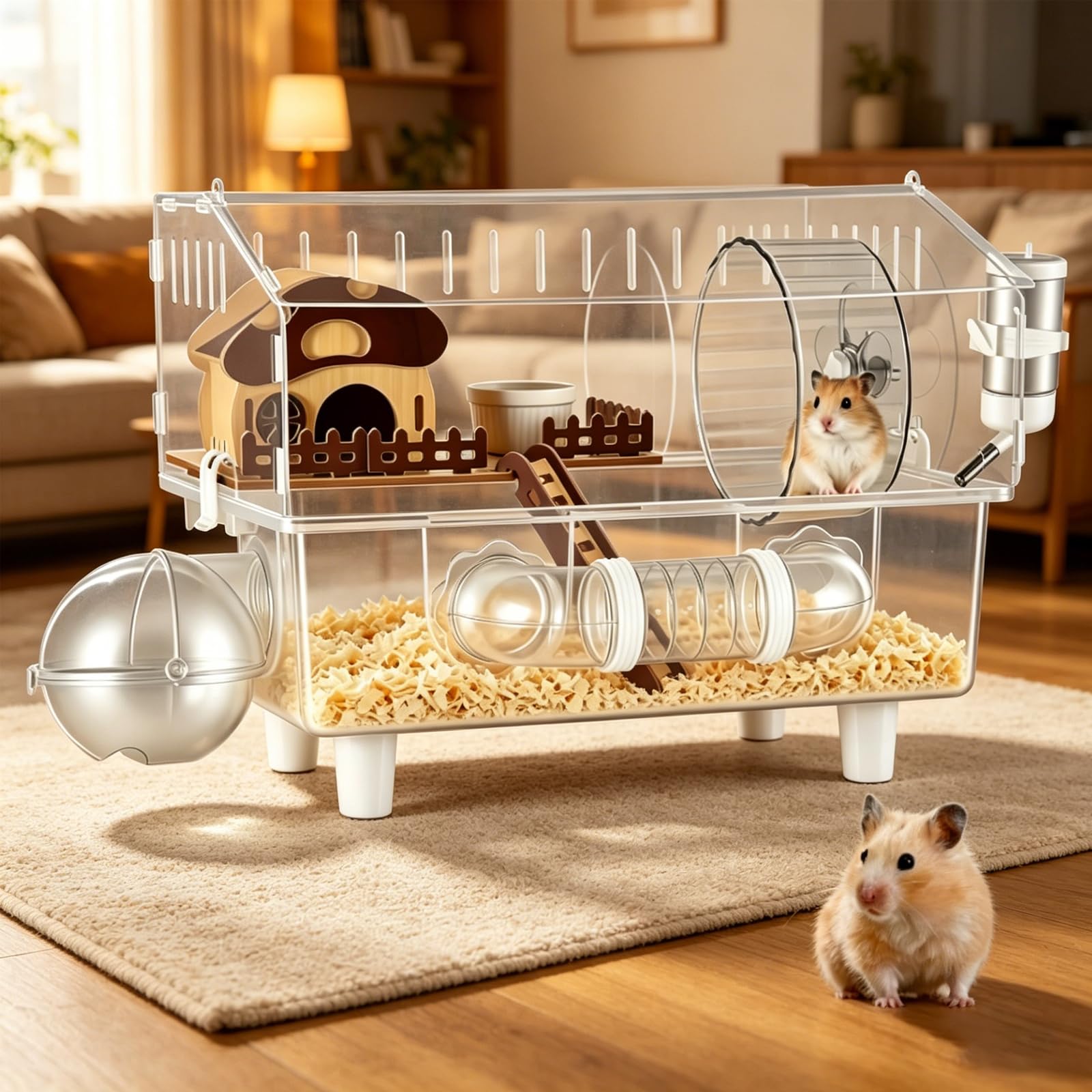 Large Acrylic Hamster Cage, Dwarf Hamster Cage, 2-Layer Design with all accessories, Top Open Mouse Cage for Pet Mice, Clear View Mushroom House Style Large Hamster Habitat for Dwarf Hamster, Gerbils