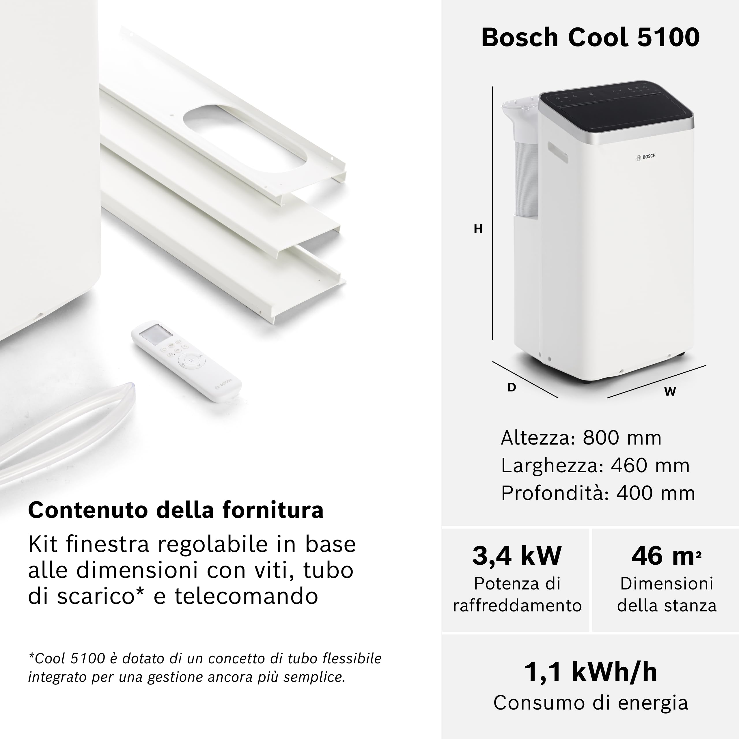 Bosch Cool 5100 Climatizzatore portatile - Climatizzatore 3 in 1, deumidificatore, ventilatore - 3,4 kW per ambienti fino a 46 m² - Con modalità Auto, Silent e Sleep