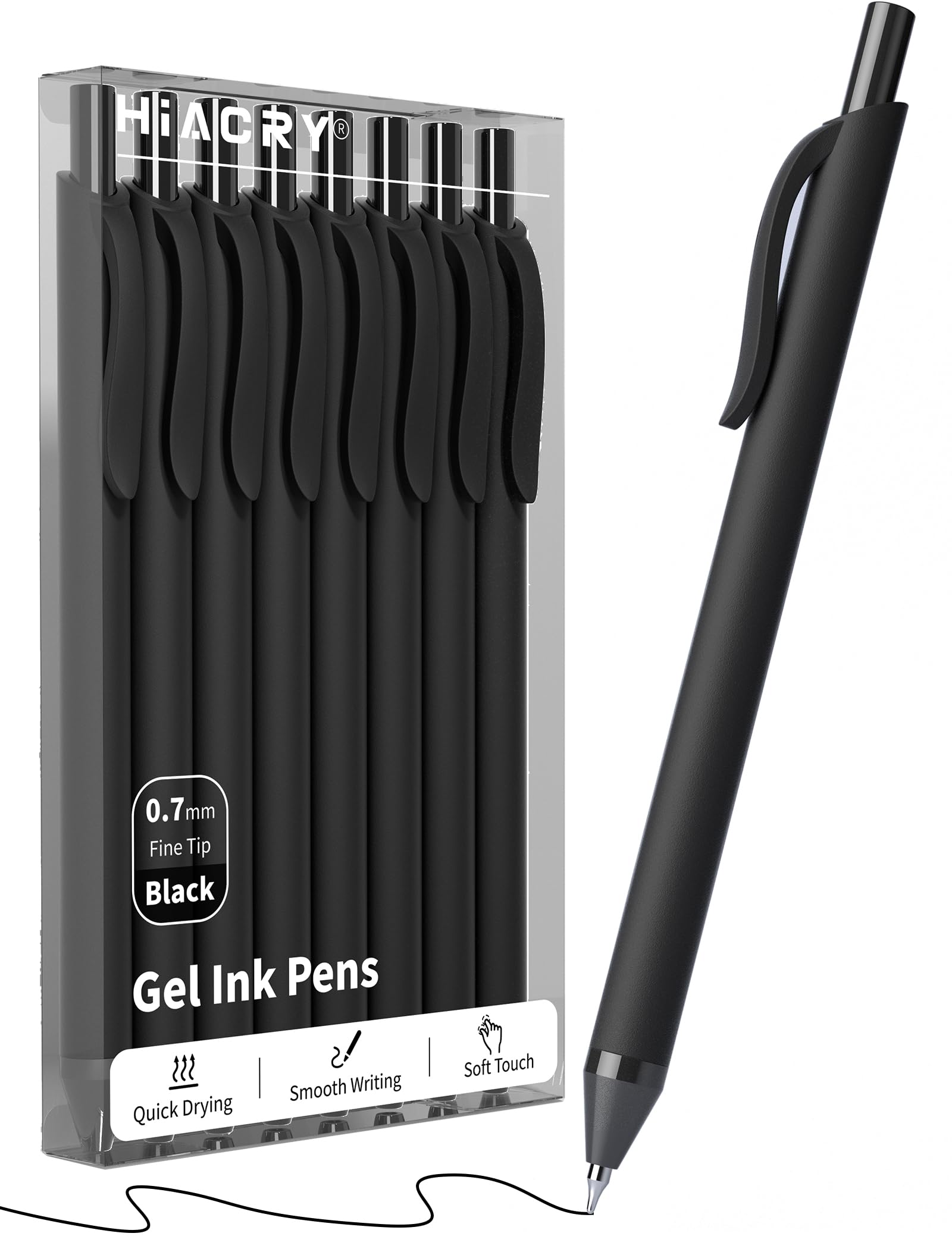 Hiacry Schwarze Gelstifte (0,7 mm feine Spitze) – glatte, schnell trocknende Tinte, einziehbarer Gelschreiber zum Schreiben, Journaling, Notizen, Büro, Schule, Zuhause und Arbeitsbedarf (8 Stück