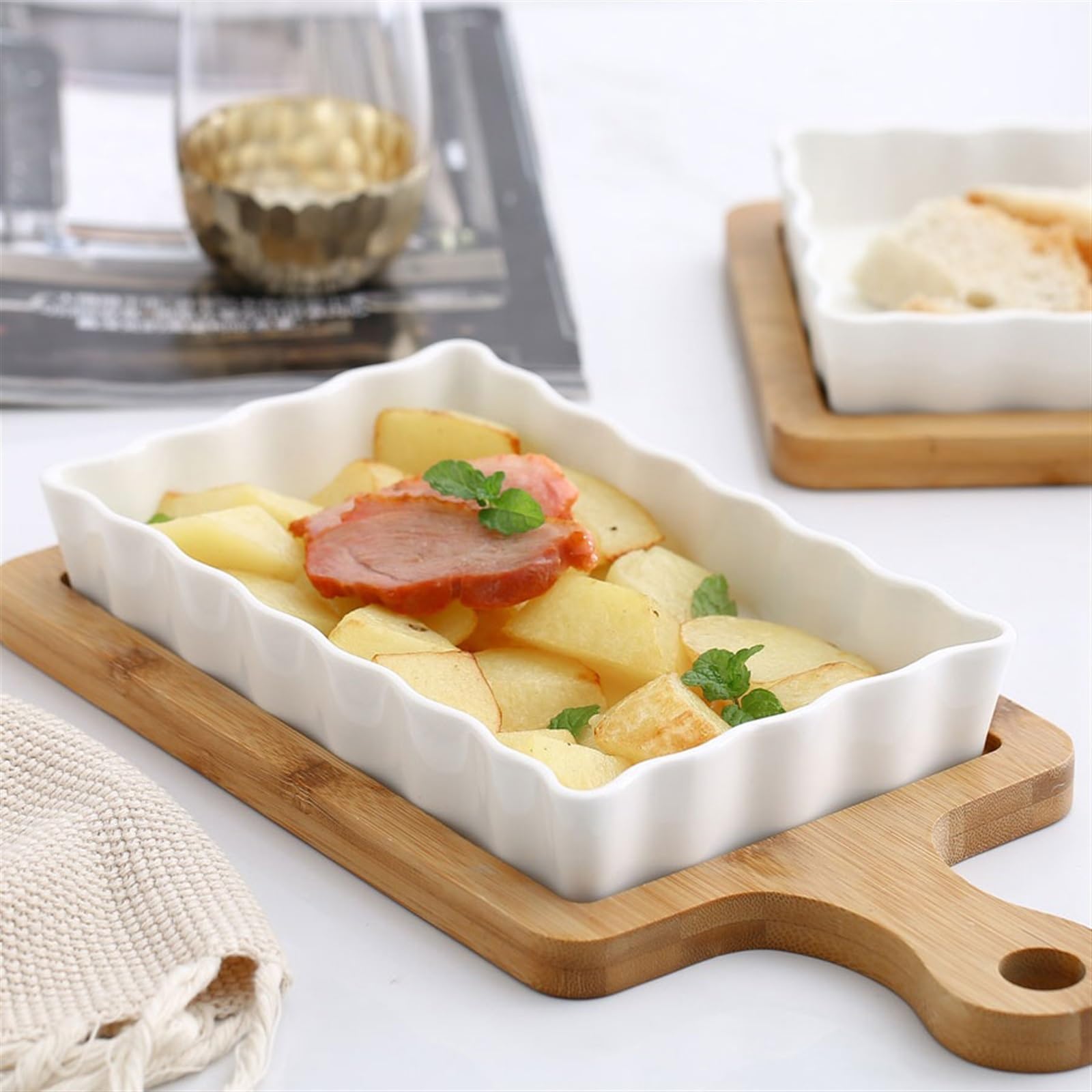 Lasagne Auflaufform Keramik-Backform for Käse, gebackener Reis, Backplatte for Zuhause mit Holzmatte, verbrühungssicherem Griff Auflaufformen(650ml)