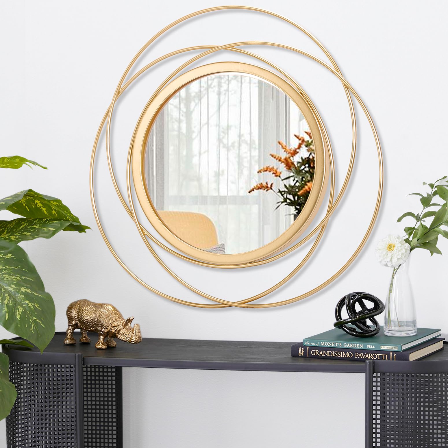 HLFMVWE Gold Art Circle Mirror for Wall with Iron Metal Wire Frame Wall-Mounted Mirror for Home Decor Living Room Bedroom Bathroom Entryway Small 30 x 30 cm