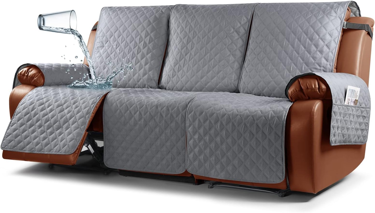 RuaozzWaterproof Recliner Sofa Cover 1-Piece Couch Covers for Reclining Couches Reclining Sofa Cover Washable Furniture Protector with Elastic Straps Pocket for Kids, Pets (Light Grey, 3 Seater)OEKO-TEX STANDARD 100