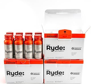 Ryde: Energize Shot | Tropical Flavor | Green Tea Caffeine, Taurine, Ginseng Extract & B Vitamins | 0 Calories, 0 Sugar | 2 FL OZ Shots | Boosts energy* (24 Pack)