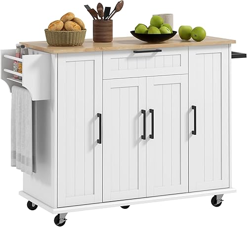 HOMCOM Isla de cocina sobre ruedas, carrito de cocina rodante con parte superior de madera de caucho, cajón, estante para especias, toallero,