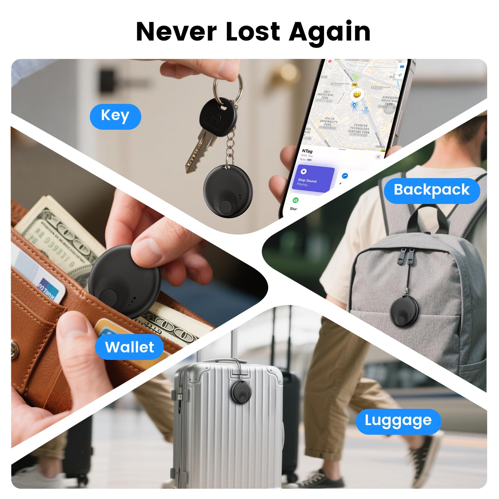 Confezione da 4 targhette tracker – Confezione da 4 per Android e iOS Find My App, Bluetooth Tracker compatibile sia con Google Find Hub che Apple Find My App, Trova oggetti per chiavi, portafogli