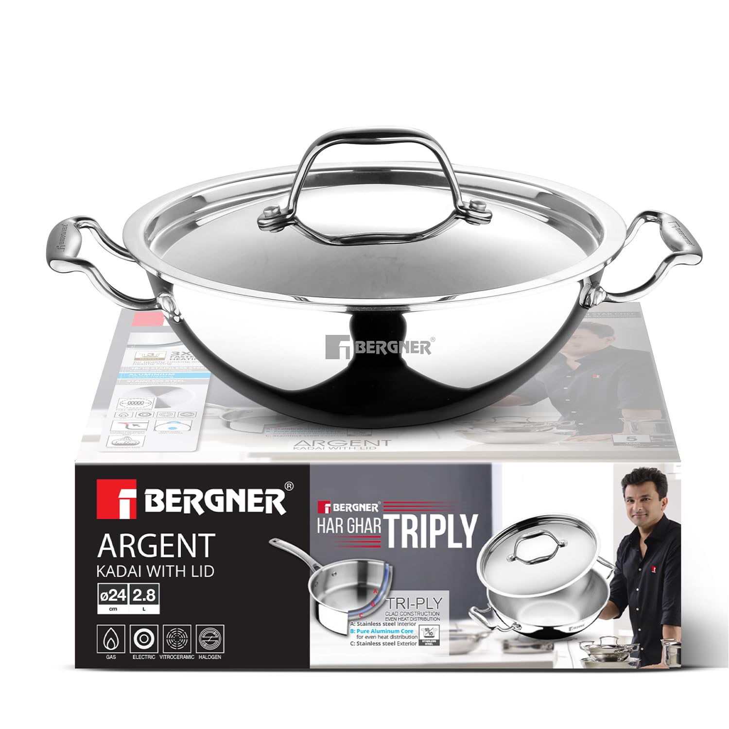 BERGNER Argent Triply 24cm Kadai with Stainless Steel Lid, 2.5 Liters Kadhai, Even and Faster Heating, Consumes Less Oil, Healthy Cooking, Stay Cool Cast Handles - Induction and Gas Stove Ready