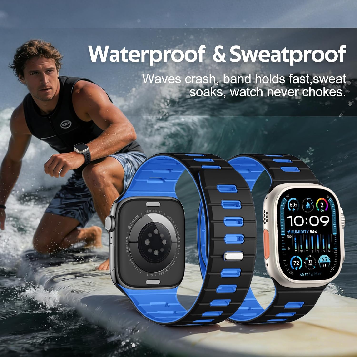Odbeai Magnetic Sport Band Compatible with Apple Watch Ultra 3 2/Ultra Band for Men 49mm 46mm 45mm 44mm 42mm,Strong Magnet Outdoors Soft Silicone Strap for iWatch Series 11 10 9-1 SE,Black/Light Blue