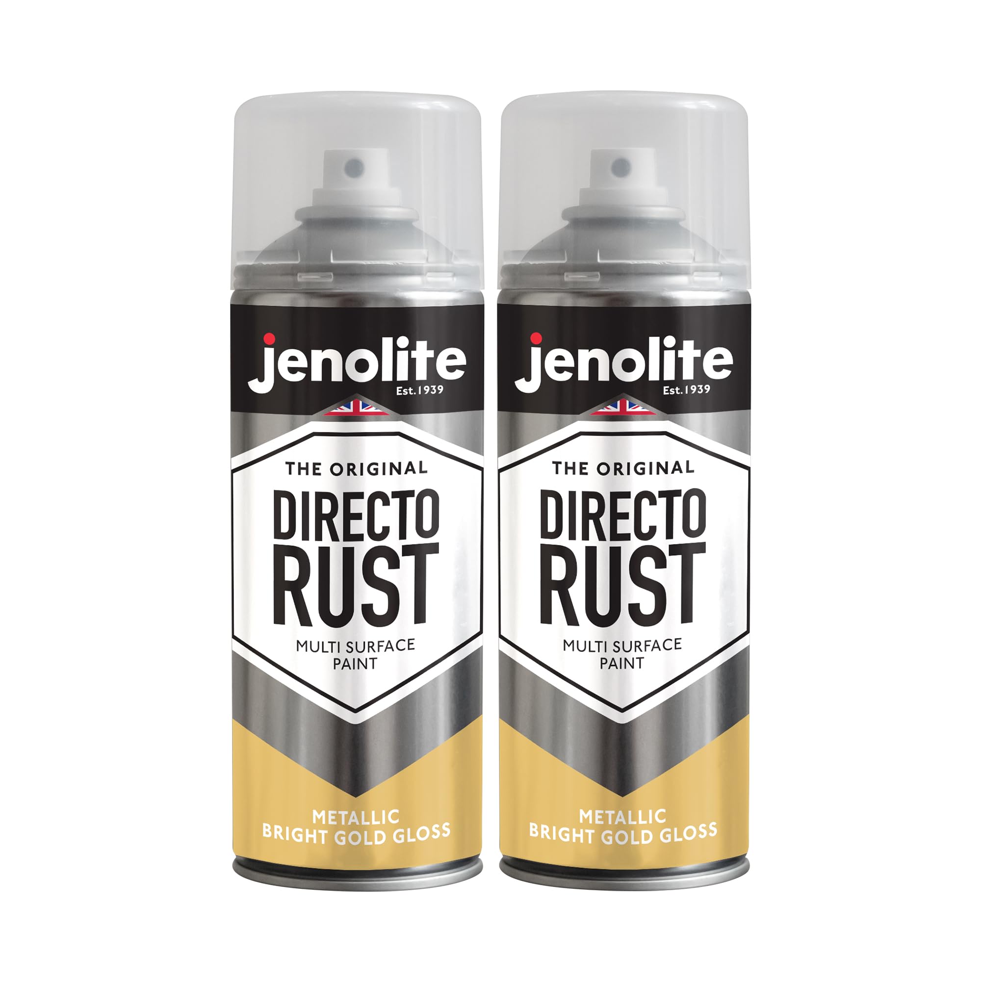 Jenolite Bright Gold Directorust Metallic Gloss Spray Paint | | 2X400ml | Multi-Surface Spray Paint For Metal, Wood, Plastic | All-In-Oneprimer, Undercoat And Topcoat | Interior & Exterior