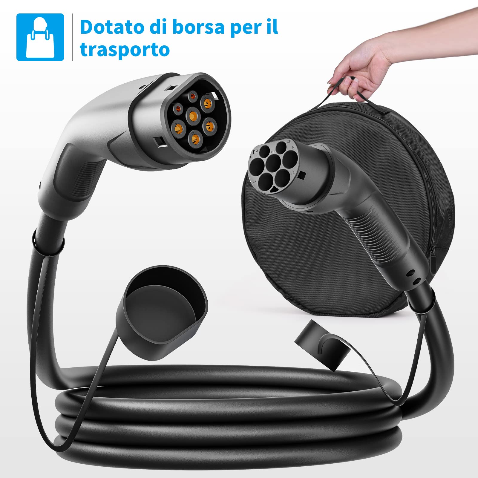 Rosaking Cavo Ricarica Auto Elettrica Tipo 2 22kW, 5M EV Con 3 Fasi＆IEC 62196, 32A Charger per la Maggior Parte dei Veicoli E Hybrid ed Elettrici