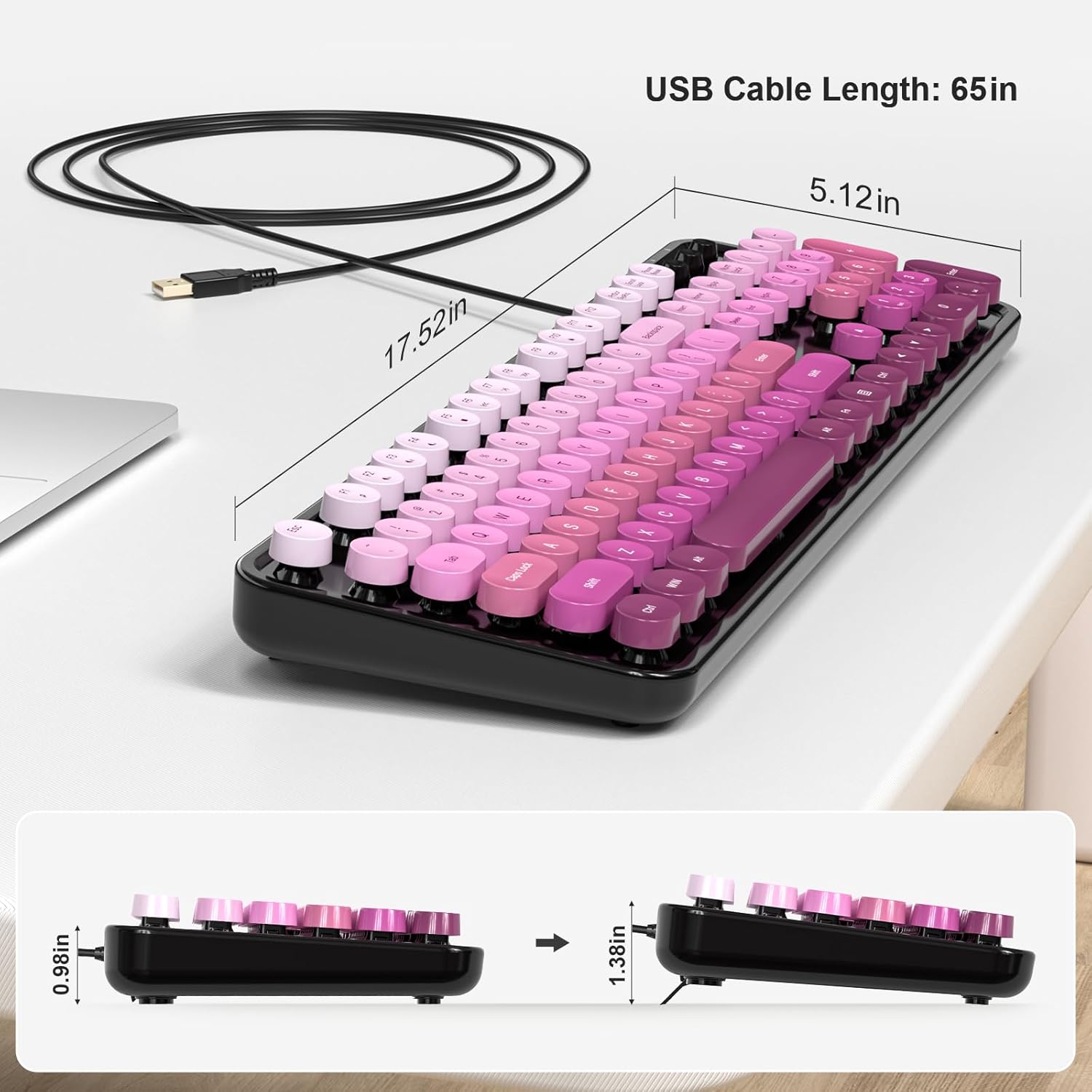 Dliter Wired Keyboard, 104 Keys Full Size Typewriter Keyboards, USB Plug and Play Office Keyboard with Number Pad, Caps Indicators, Foldable Stands for Windows, PC, Laptop (Black Pink)