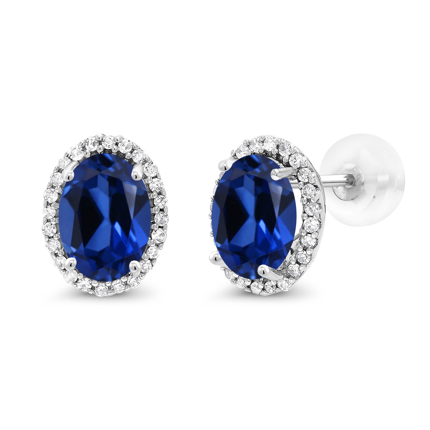 Gem Stone King 10K White Gold 7X5MM Oval Gemstone Birthstone and White Diamond Halo Earrings | White Gold Earrings for Women