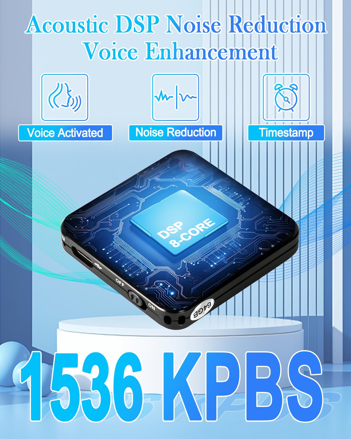 Magnetischer Mini Diktiergerät, 64 GB Aufnahmegerät mit Spracherkennung 160 Stunden Aufnahme, 1536kpbs Voice Recorder mit Rauschunterdrückung für Vorträge, Meetings, Interviews, Klasse (64GB)