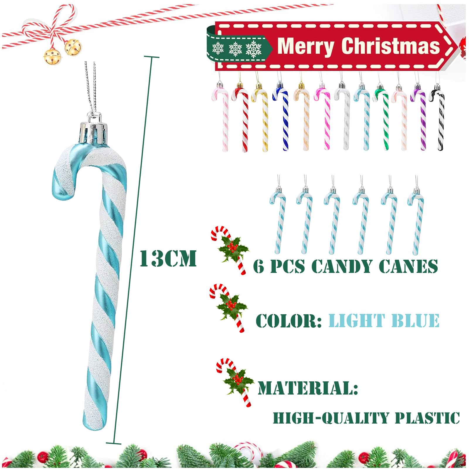 13cm Baby Blue White Candy Cane Christmas Decoration, 6pcs Glitter Xmas Tree Pendant Hanging Ornaments - Image 2